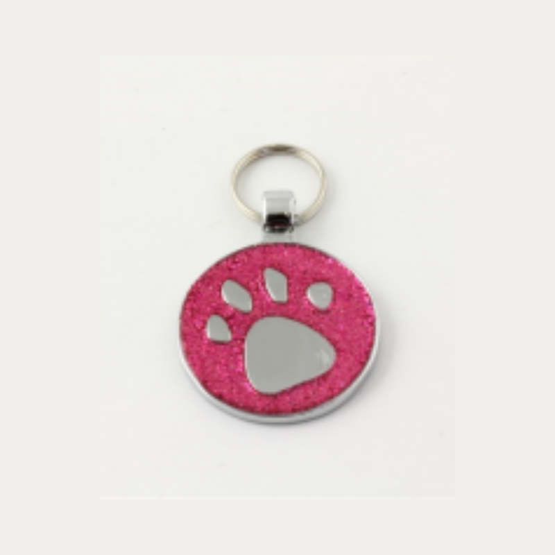 ROUND PET TAG PINK GLITTER LARGE PAW 30MM