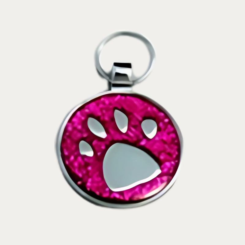 ROUND PET TAG PINK GLITTER SMALL PAW 20MM