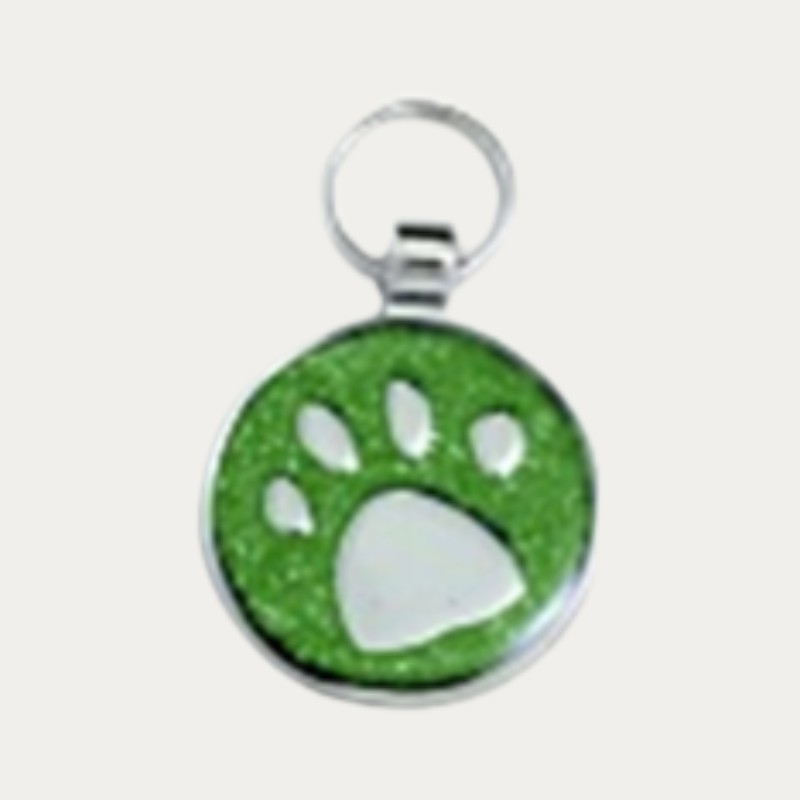 ROUND PET TAG GREEN GLITTER LARGE PAW 30MM