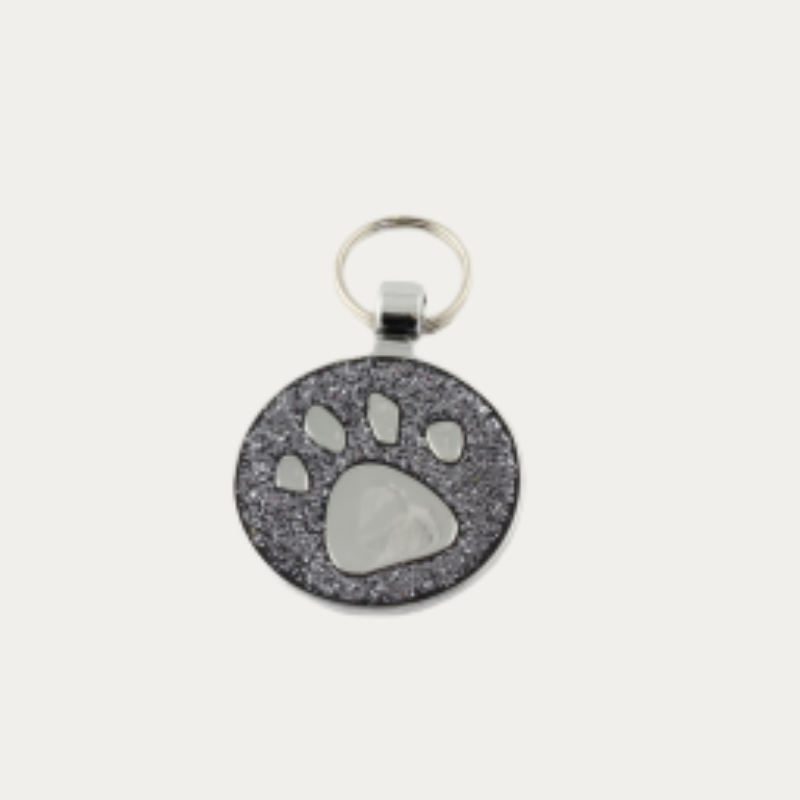 ROUND PET TAG GREY GLITTER LARGE PAW 30MM