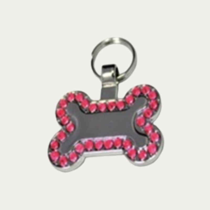 BONE PET TAG PINK CRYSTALS 35X22MM
