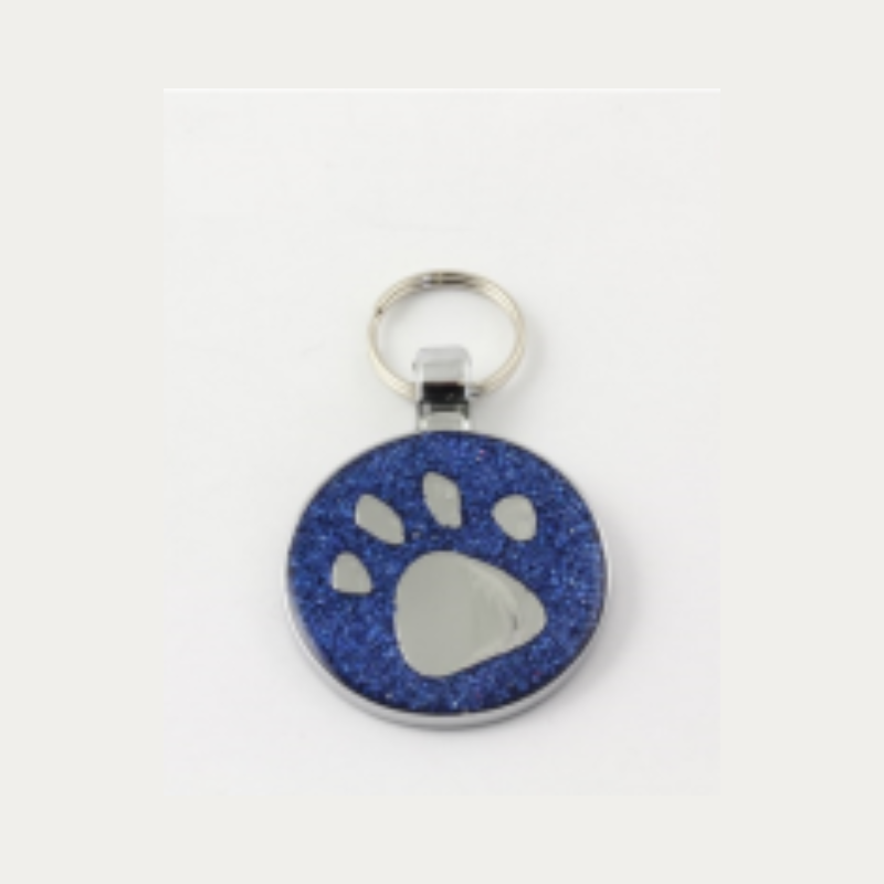 ROUND PET TAG BLUE GLITTER LARGE PAW 30MM